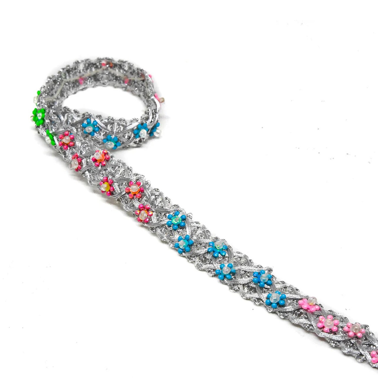 1Yard Metallic Silver Gimp Trim with Flower Beads Decorative DIY Ribbon 0.50 inch Width